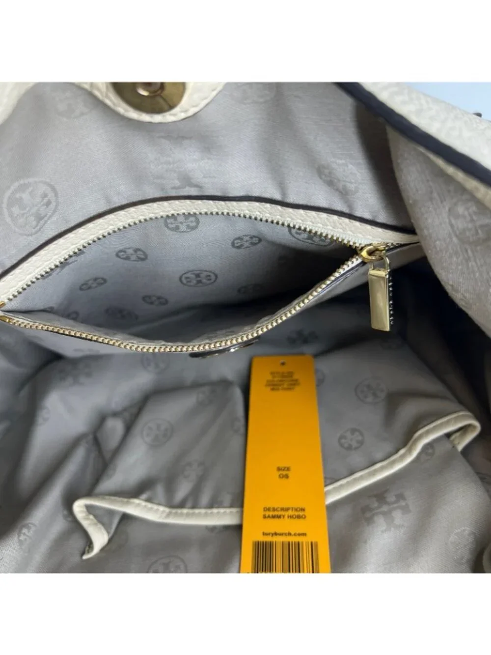 Tory Burch Sammy Hobo Shoulder Bag Womens Pebbled Leather Cream Black Colorblock